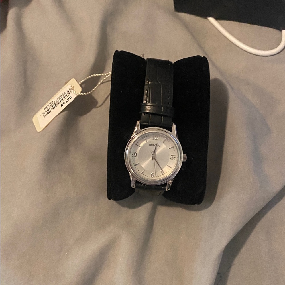 NWT Bulova 96T58 Black Leather Strap Silver Dial Classic Ladies Watch